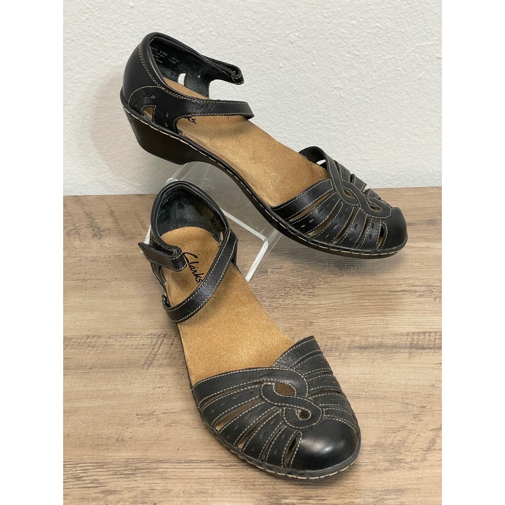 Clarks Leather Wedge Sandals Fisherman Cage Black 8.5M Comfort Strappy